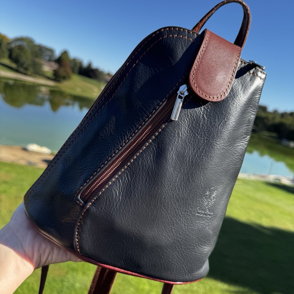 Vintage Italian Genuine Leather Convertible Sling Backpack Purse Black & Brown